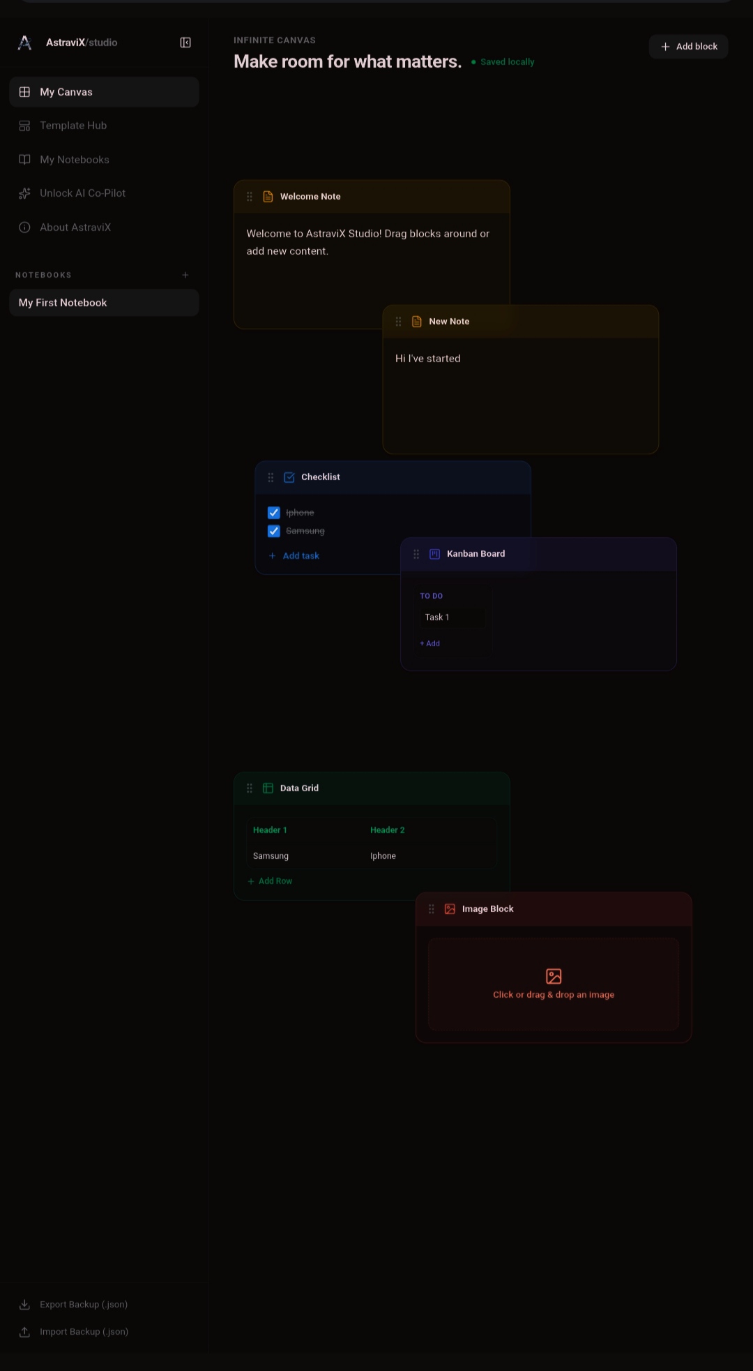AstraviX Studio workspace interface showing a visual workspace for organizing notes, plans, and ideas