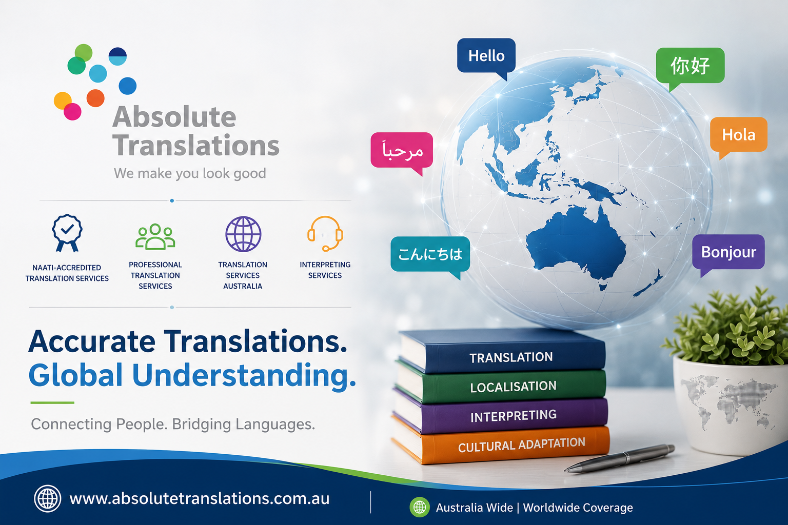 Absolute Translations accredited translation services banner featuring global communication, multilingual support, NAATI-accredited translation and interpreting services across Australia and worldwide.