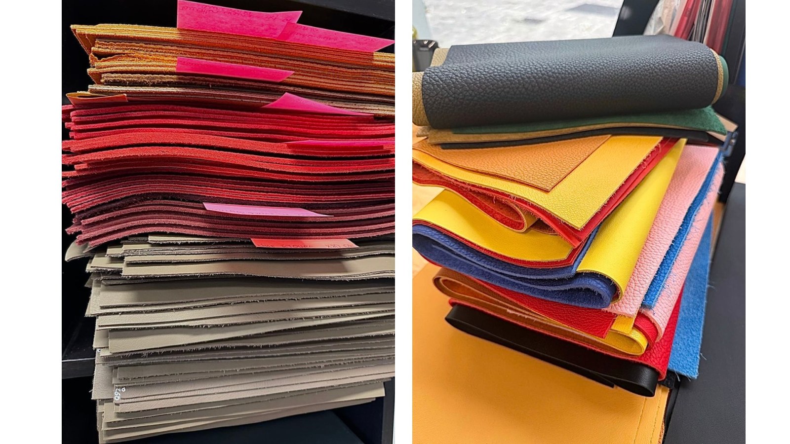 Standardised leather offcuts from luxury production, available in a range of colours and finishes