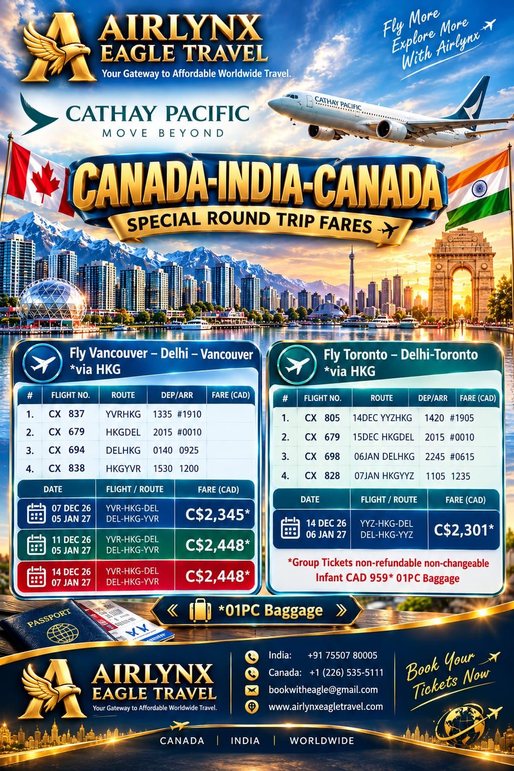 AirLynx Eagle Travel international flight booking services and airline tickets for travellers in Canada and India