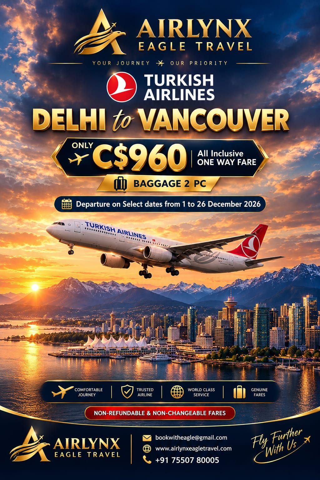 Airlynx Eagle Travel Delhi to Vancouver Turkish Airlines flight offer for December 2026 featuring C$960 advertised one-way fare, two-piece baggage allowance, Vancouver skyline and international flight booking assistance.