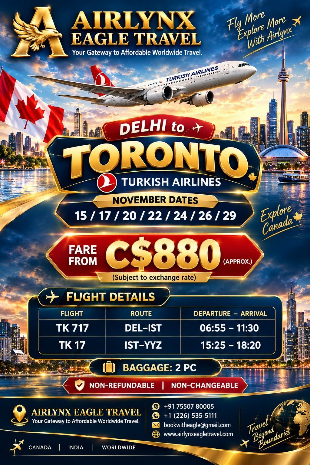 AirLynx Eagle Travel offering Canada to India flights and worldwide flight booking services