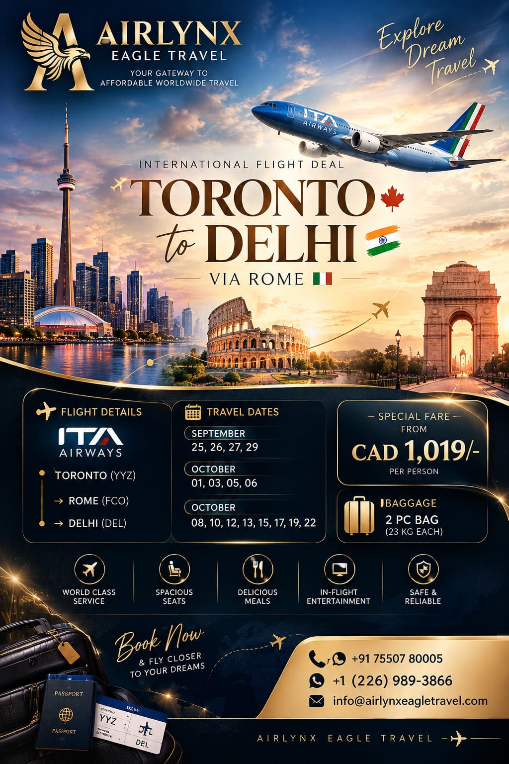 Airlynxeagletravel international flight booking services for Canada to India and worldwide destinations