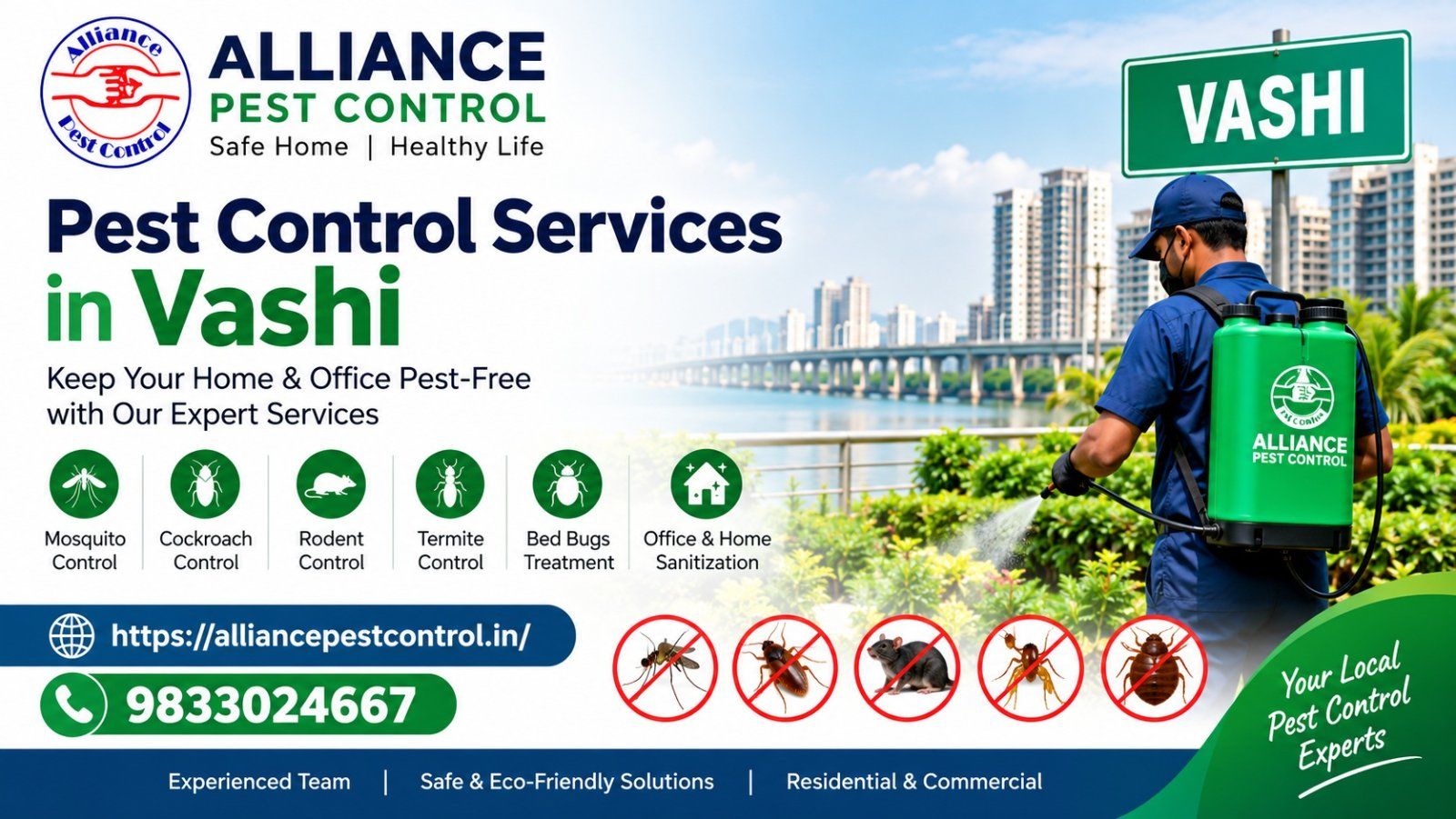Pest Control Services in Vashi by Alliance Pest Control, offering mosquito, cockroach, rodent, termite, and bed bug treatments.