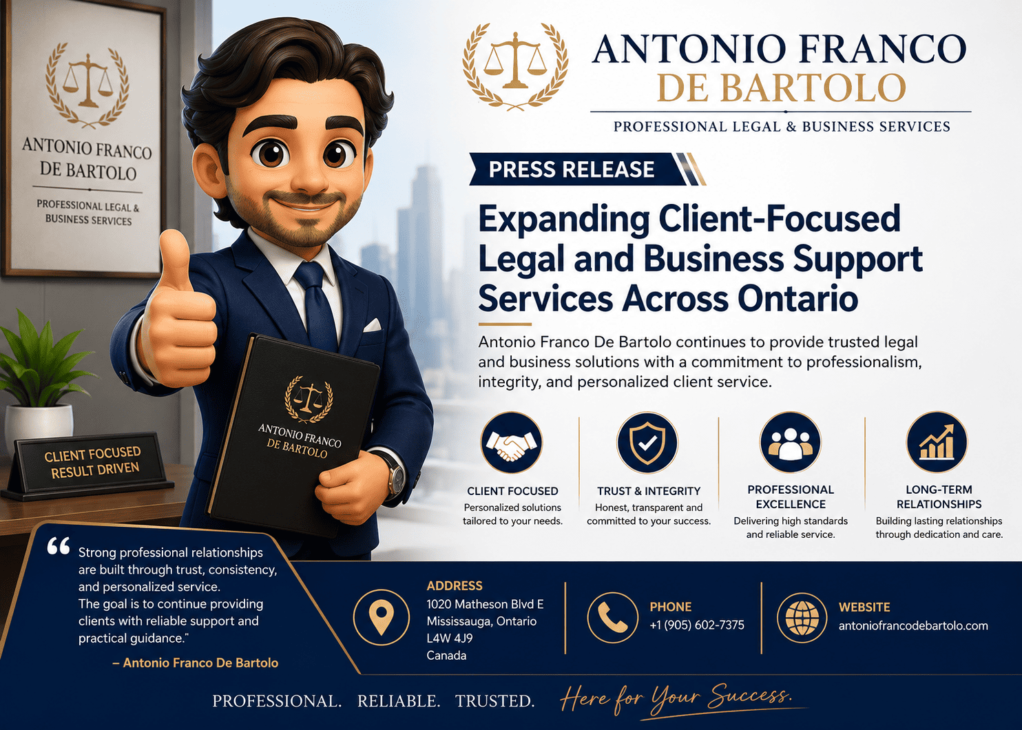 Antonio Franco De Bartolo Expands Client-Focused Legal and Business Support Services Across Ontario