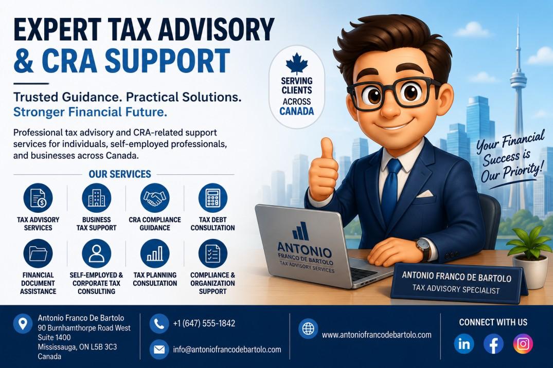 Antonio Franco De Bartolo professional tax advisory and CRA support services mascot banner for Canadian tax consultation and compliance guidance