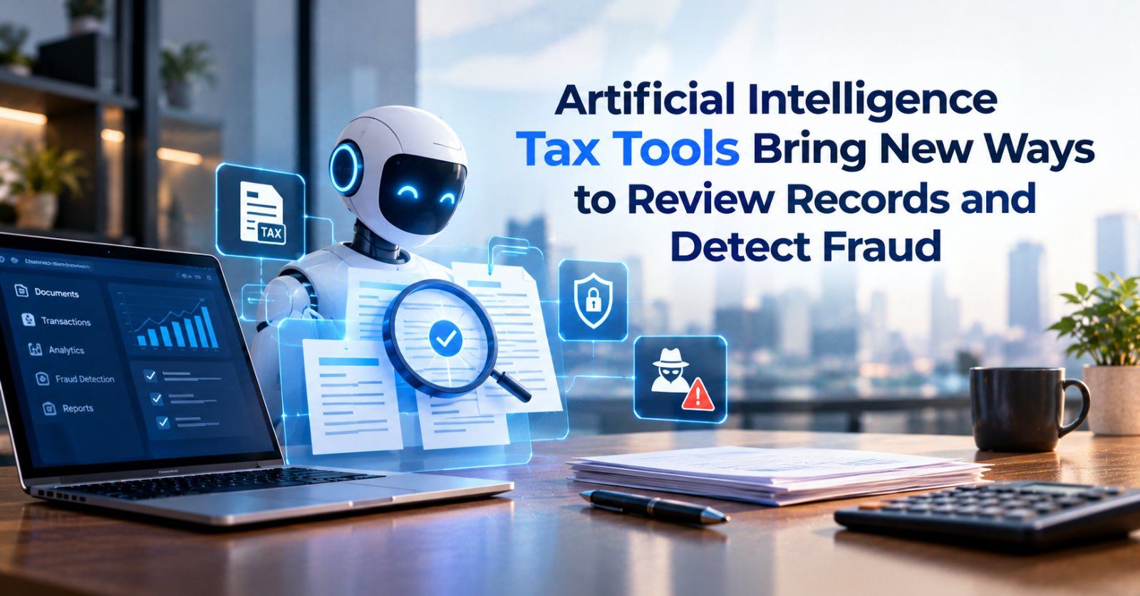 Artificial intelligence tax tools analyzing financial records, reviewing tax documents, and detecting potential fraud using AI-powered analytics.