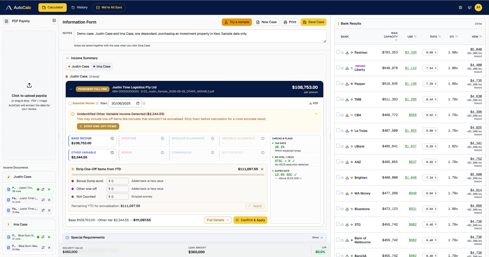 AutoCalc platform showing sample payslip information and lender results for a fictitious broker case