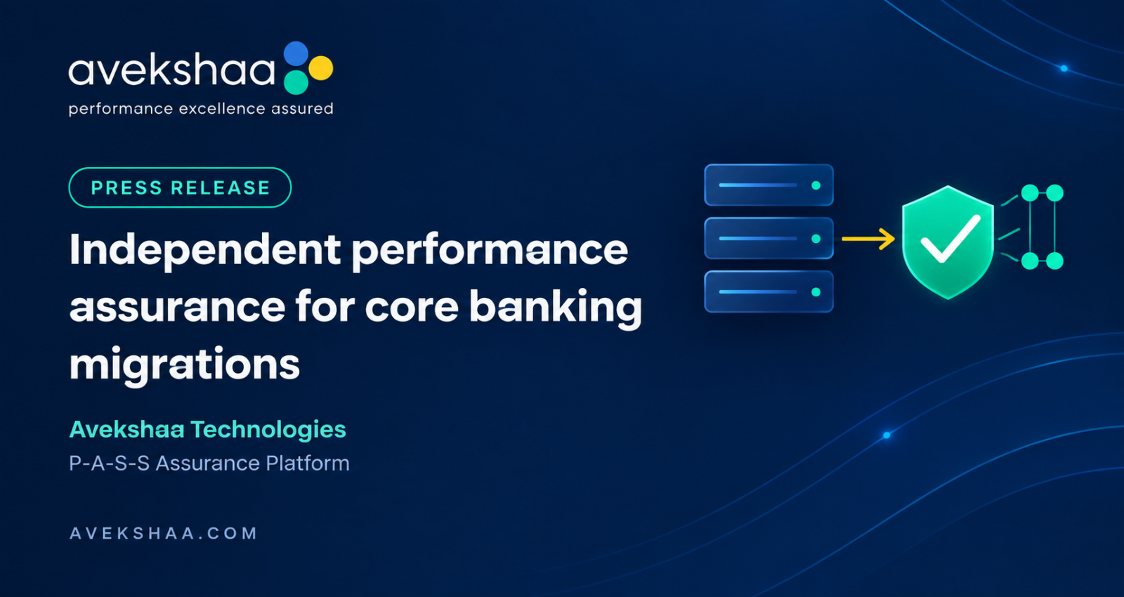 "Avekshaa Technologies press release banner: independent performance assurance for core banking migrations, P-A-S-S Assurance Platform."