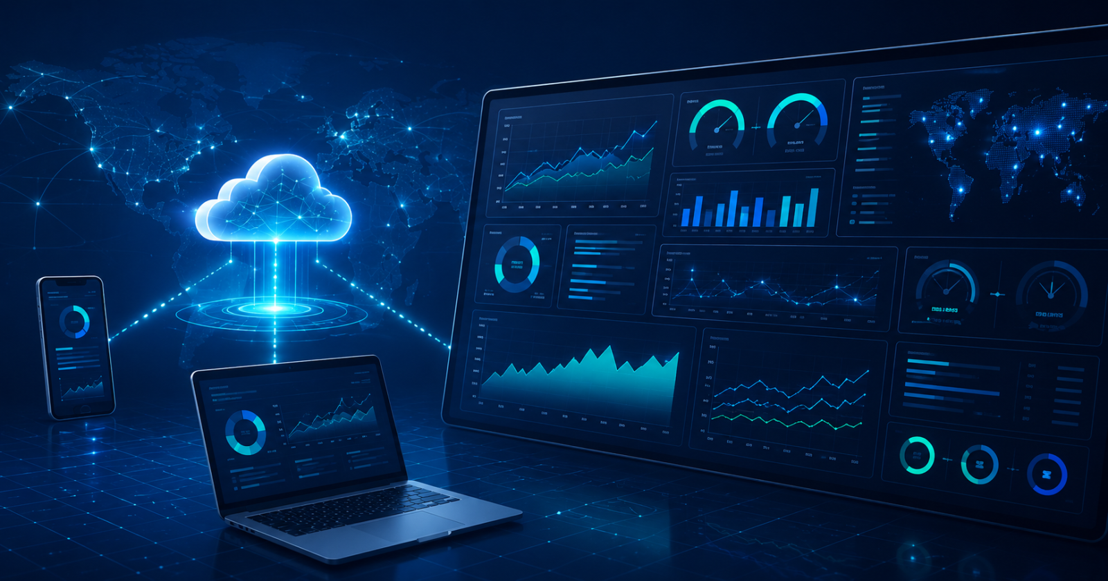 "Cyber dashboard with performance graphs and cloud network connecting laptop and mobile devices for digital experience monitoring.