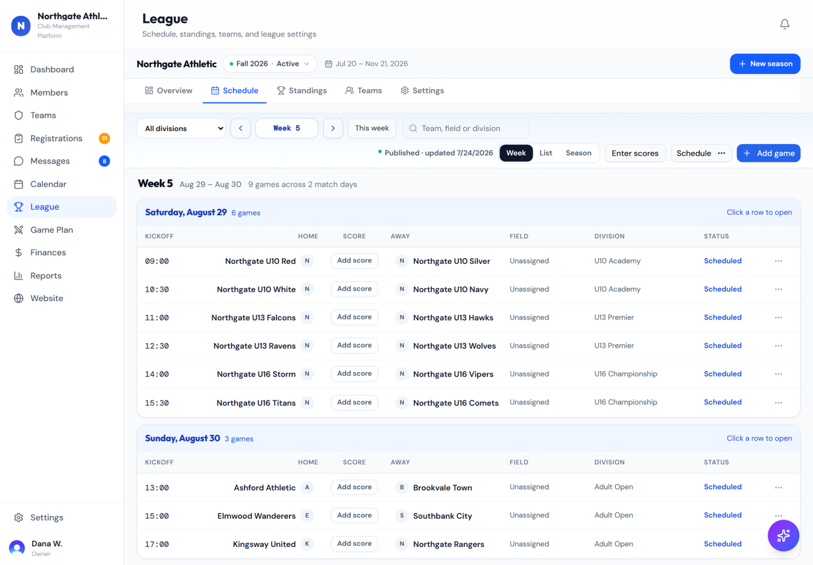 Centro soccer league management dashboard showing teams, divisions, games and season progress