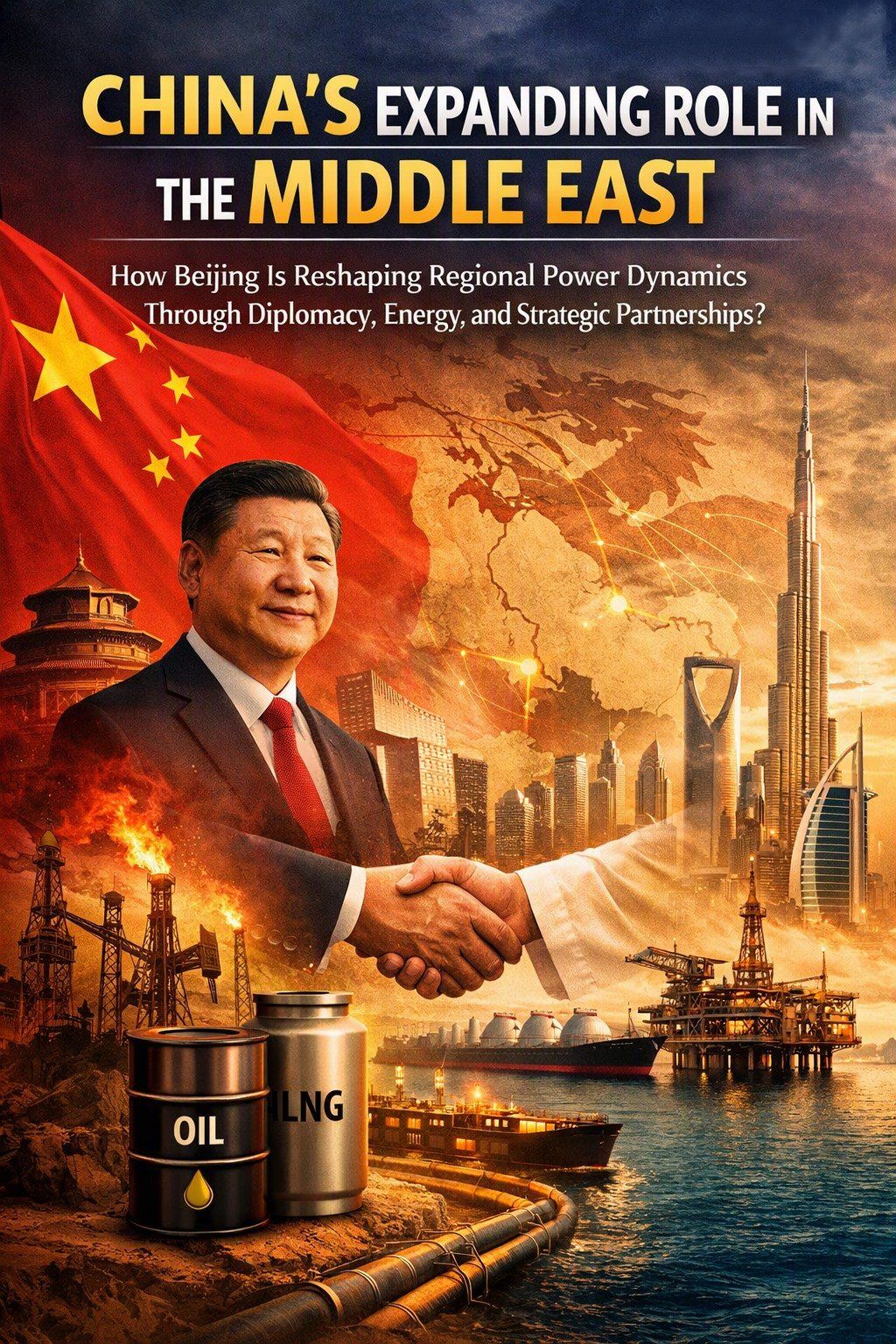 Geopolitical analysis cover image showing China’s expanding role in the Middle East through energy partnerships, BRI infrastructure projects, and diplomatic neutrality.