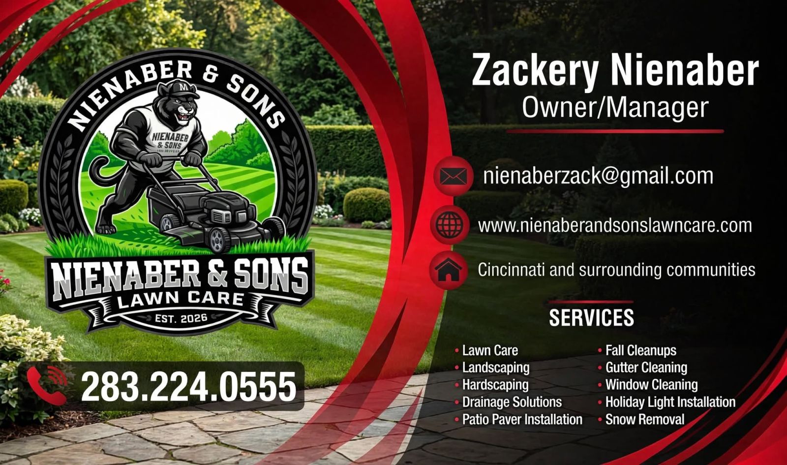 Nienaber And Sons Lawn Care L.L.C. business card featuring Cincinnati-area gutter cleaning, lawn care, landscaping, holiday lighting, and property maintenance services.