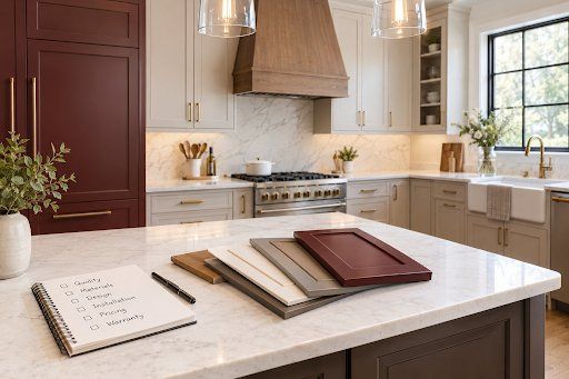 White shaker kitchen with vaulted ceiling and dark island
