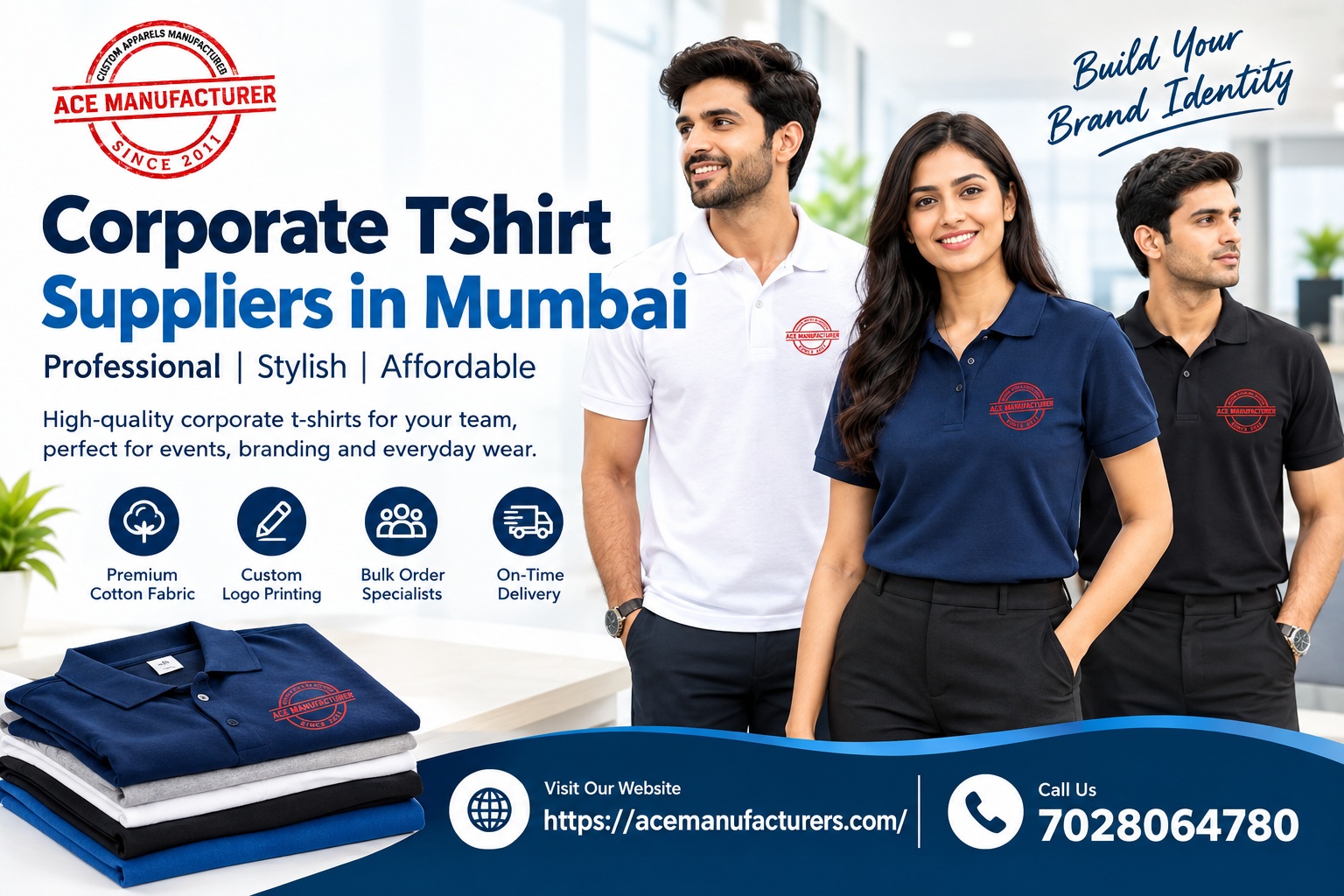 Corporate T-shirt Suppliers in Mumbai offering premium quality custom corporate T-shirts, bulk orders, and logo printing by Ace Manufacturer.