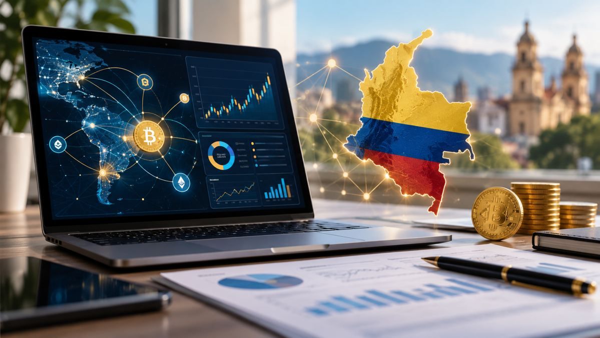 Cryptomonedas en Colombia: análisis financiero y trazabilidad blockchain con gráficos de criptoactivos, Bitcoin y mapa de Colombia.