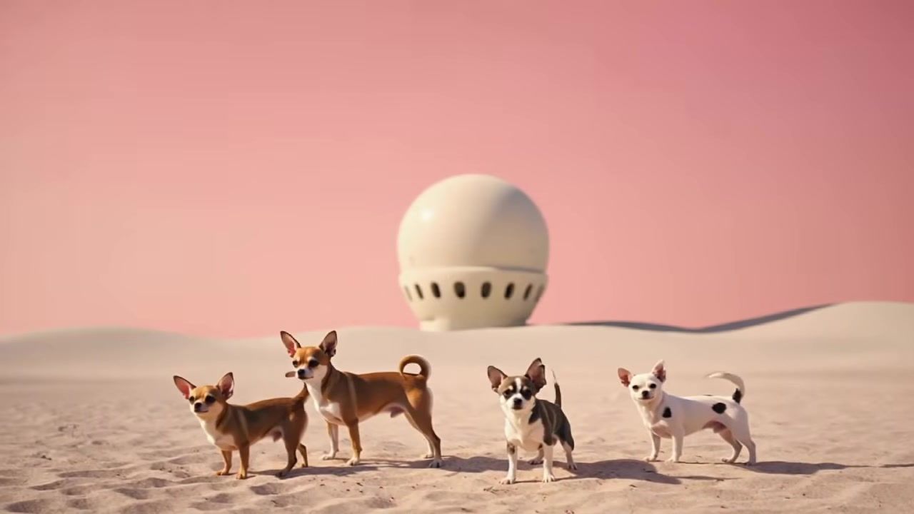Klein hondjies op pienk sand, raam uit die musiekvideo La empatía de la arpía