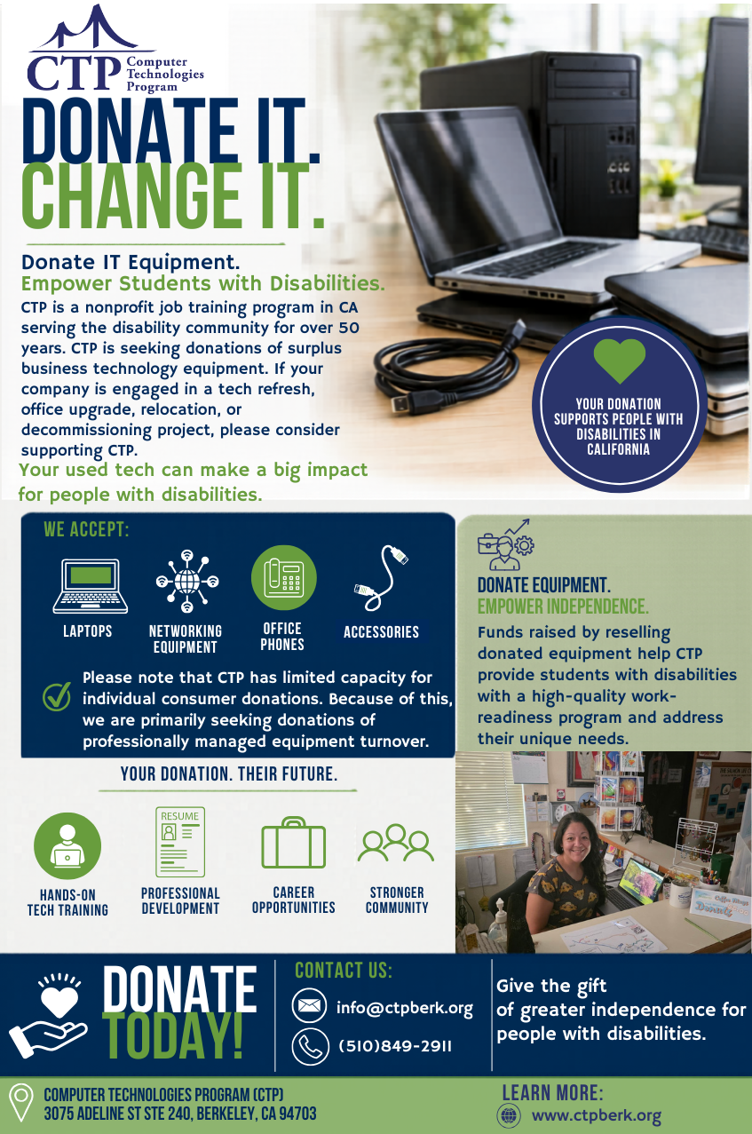 Flyer sharing Computer Technologies Program's Technology Donation Drive. Features stacks of surplus business technology equipment, including desktop computers, monitors, laptops, keyboards, networking equipment, and office electronics, with a call to do
