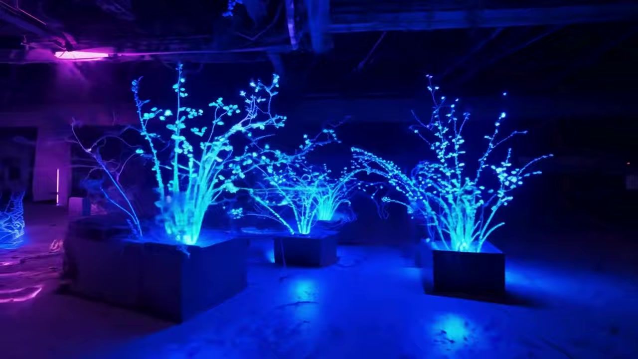 Een tuin die 's nachts blauw oplicht: «Un invitado VIP cortando cebolla» van Mike Sain't Louis maakt van tranen iets dat