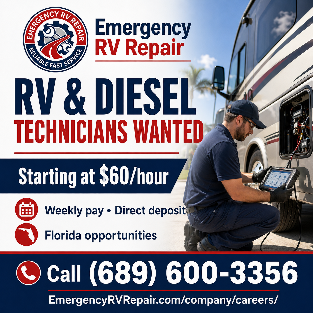 Emergency RV Repair recruitment graphic for RV and diesel technicians, starting at $60 per hour, with company phone and careers website