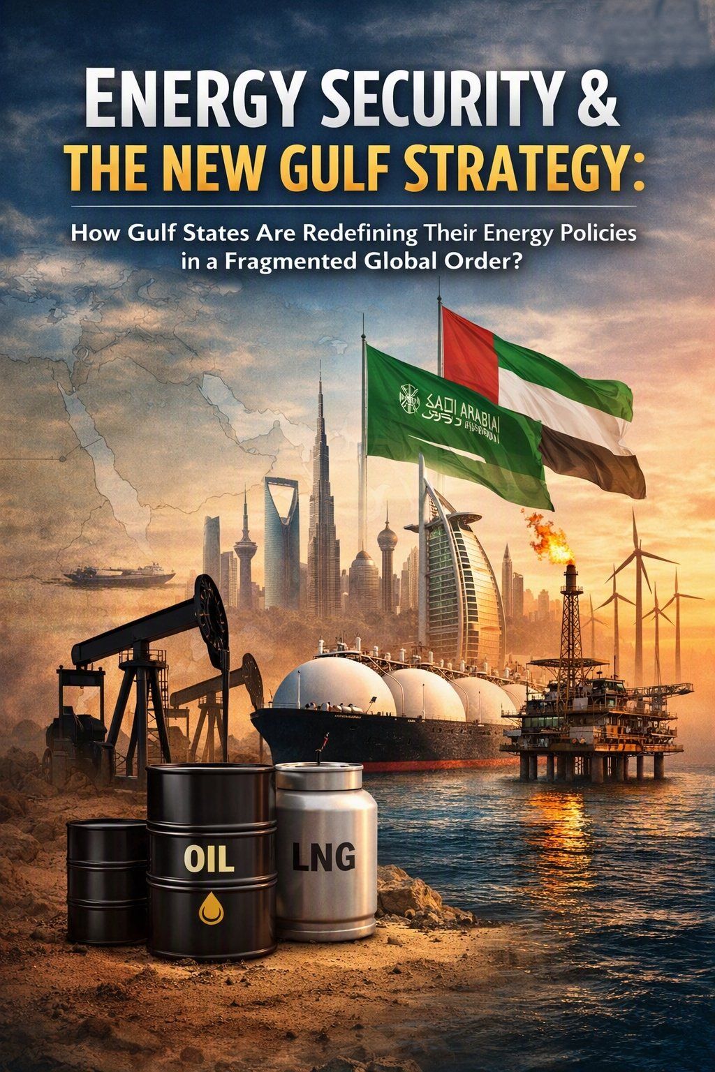 Geopolitical energy analysis cover image showing Gulf states’ new energy strategy, renewable investments, OPEC+ coordination, and regional energy security themes.