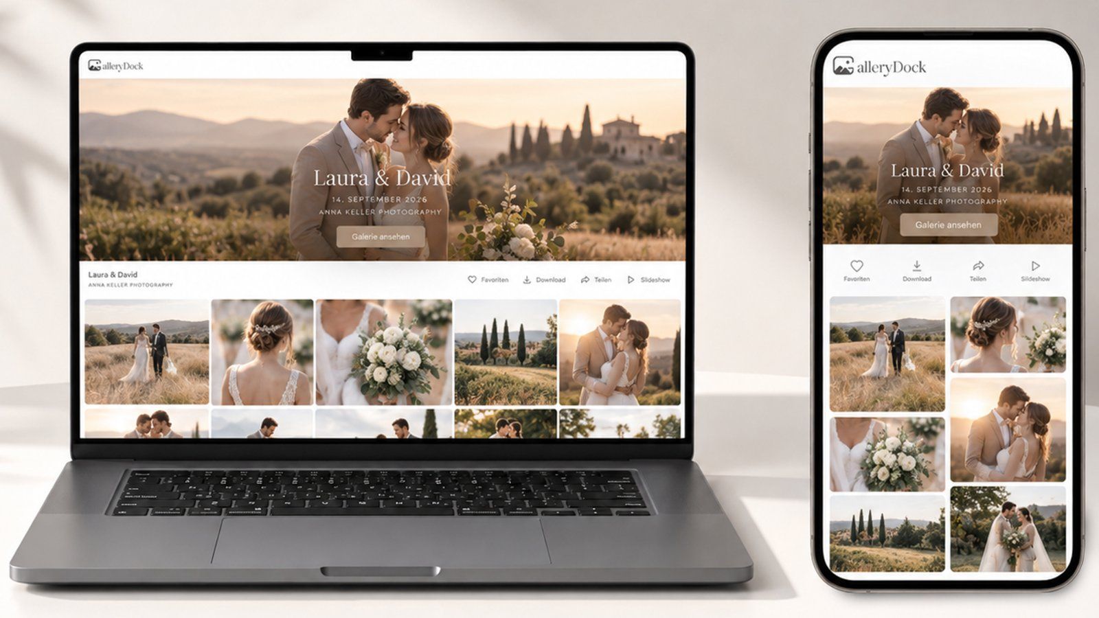 GalleryDock online client photo gallery displayed on a desktop screen and a mobile phone.