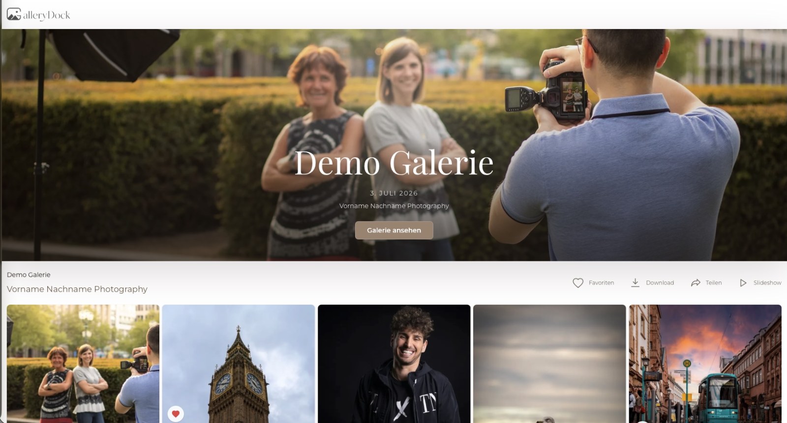 GalleryDock demo client gallery with a large cover photograph and a grid of photo thumbnails