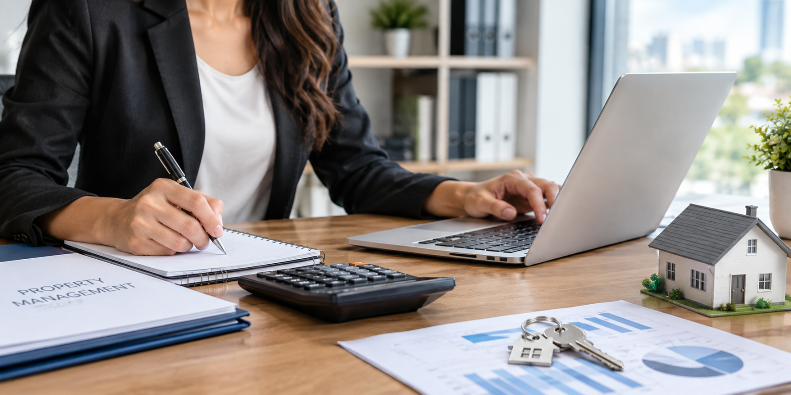Professional woman managing real estate bookkeeping with a laptop, calculator, property documents, financial charts