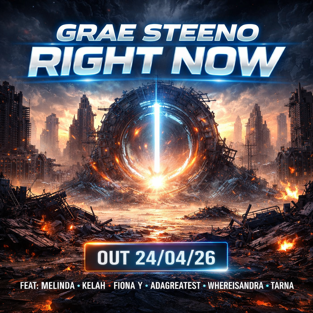 Grae Steeno Right Now official single cover art featuring a futuristic glowing portal in a ruined city landscape, out April 24, 2026.