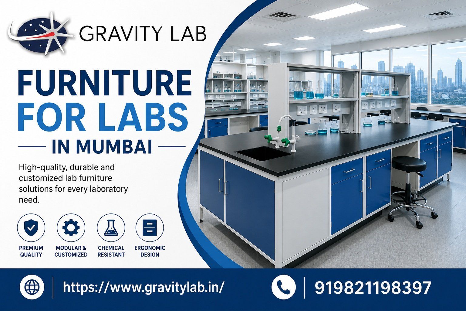 High-quality Furniture for Labs in Mumbai, including laboratory workbenches, tables, and storage cabinets.