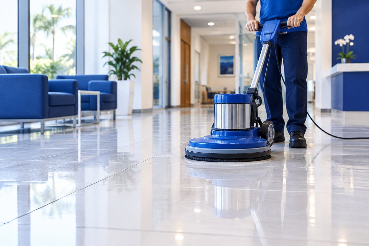 Professional commercial tile cleaning in a modern office lobby using a floor scrubbing machine on glossy tile floors.