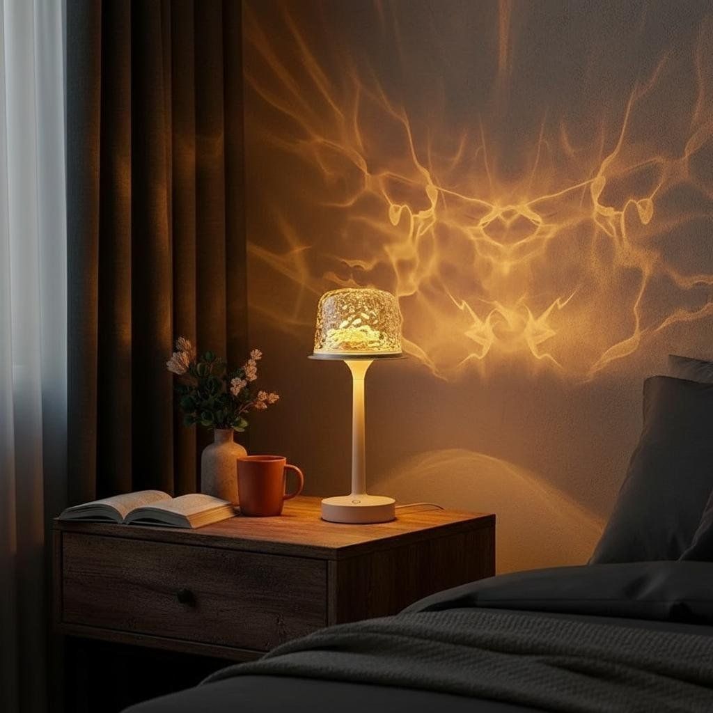 Decorative ambient table lamp casting warm light patterns across a modern living room wall.