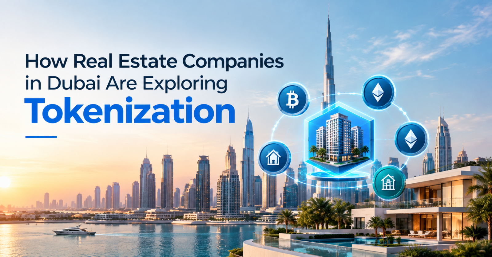 Dubai real estate tokenization concept featuring a modern skyline, digital property token, and blockchain network.