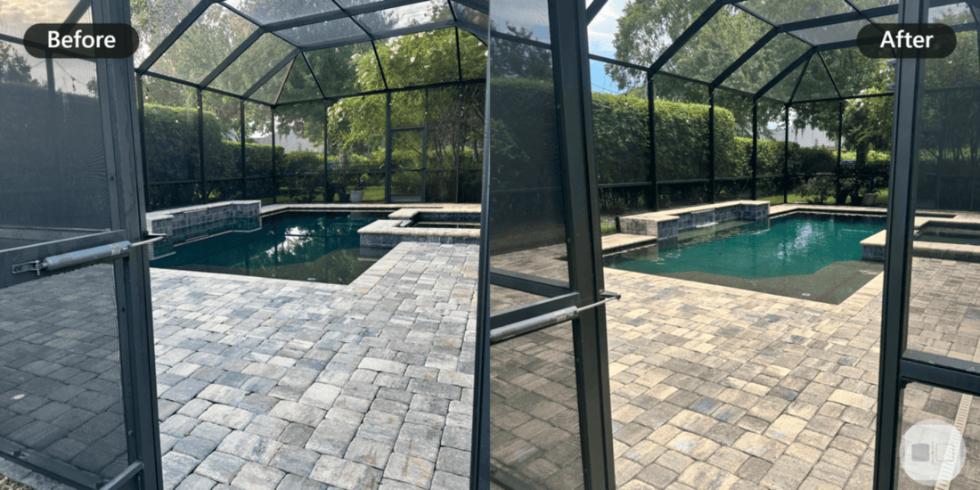 Before and after professional driveway paver cleaning, re-sanding and sealing by HydroSeal in Jacksonville Florida