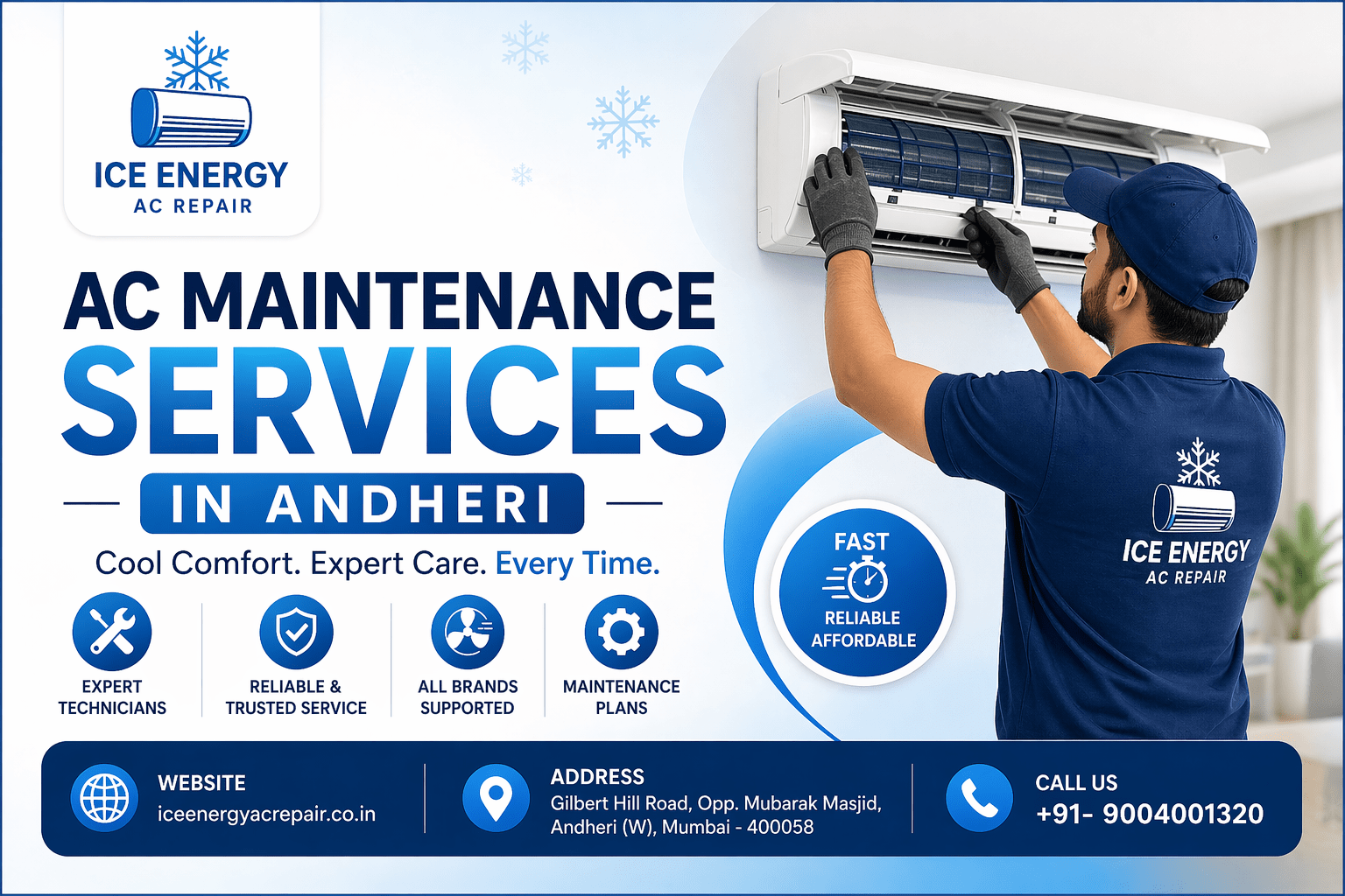 A technician in uniform repairing an air conditioner, featured in an advertisement for Ice Energy AC Repair services in Andheri, Mumbai, including service benefits and contact details.