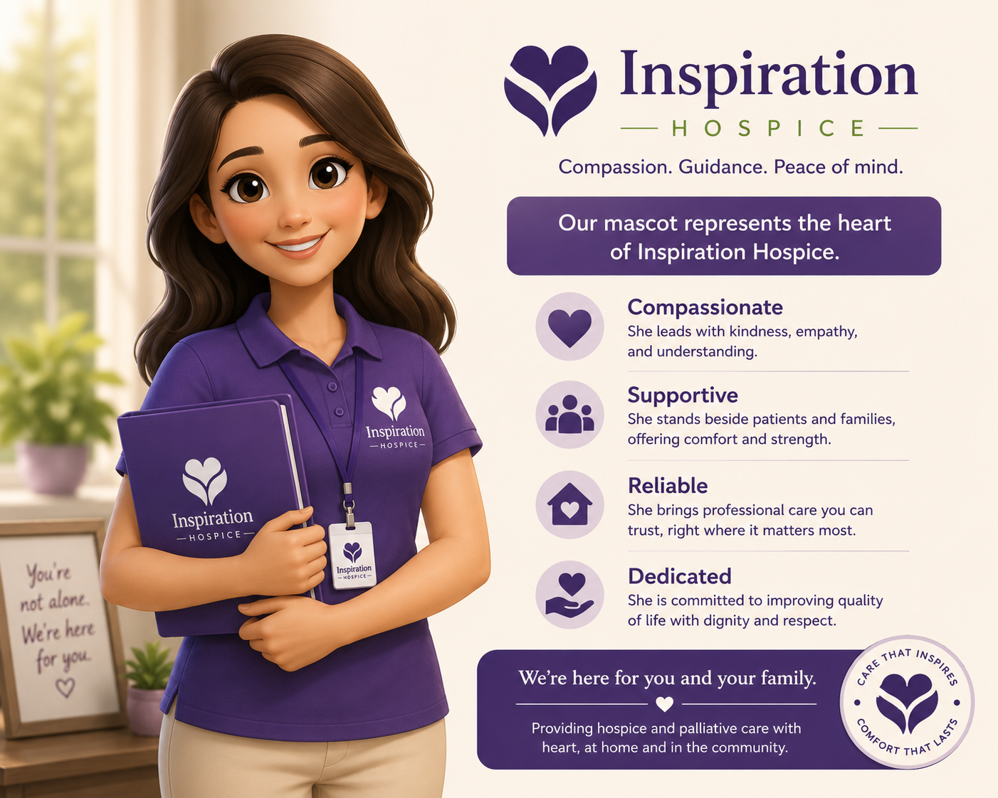 Illustrated Inspiration Hospice mascot in a purple uniform representing compassionate hospice care, family guidance, and patient support.