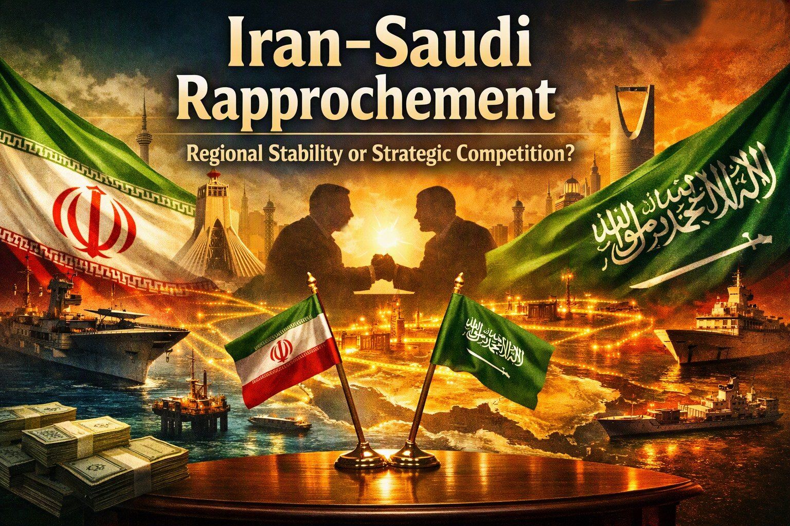 “Iran–Saudi diplomatic rapprochement analysis by Amir Ghahraman Pour, examining regional stability, strategic competition, and Middle East geopolitical dynamics.”