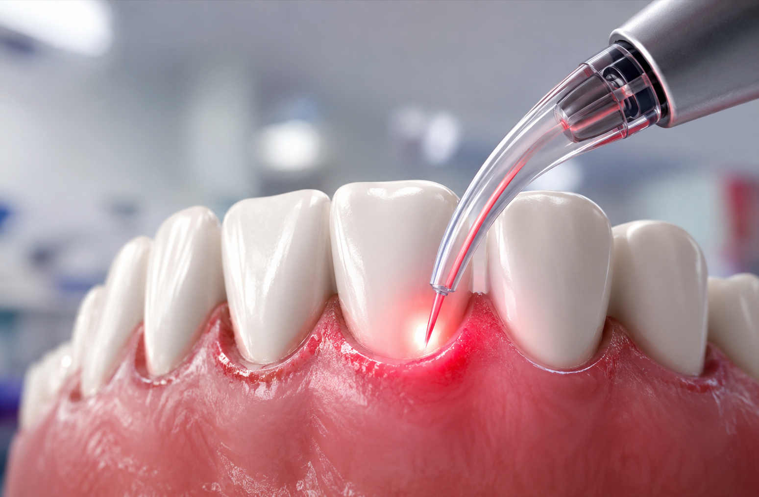 Dentist performing Laser Bacterial Reduction treatment to remove harmful bacteria around the gums and support healthier oral health.