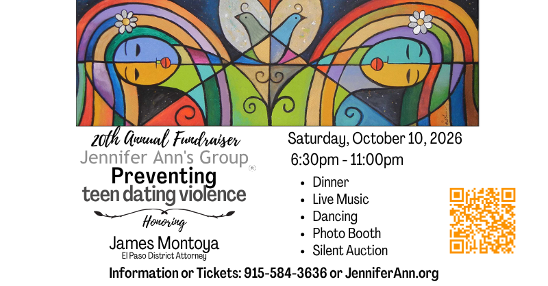 At the top is 'Rainbow Twins', a colorful painting by Hal Marcus. Below, is text about the event: "20th Annual Fundraiser - Jennifer Ann's Group - Preventing teen dating violence. October 10, 2026 6:30PM-11PM. Information or tickets: JenniferAnn.org