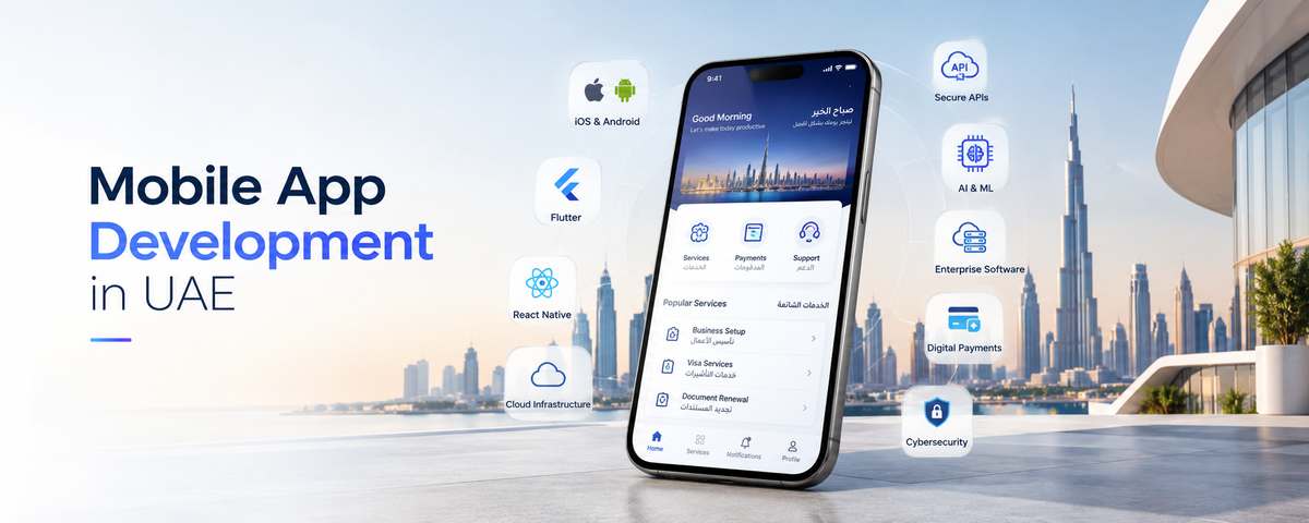 Mobile app development services for UAE businesses featuring a bilingual Arabic and English mobile application interface