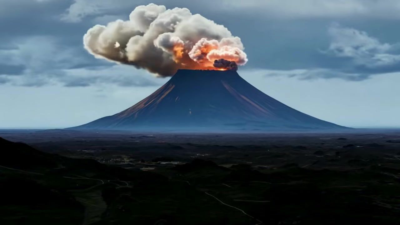 Vulkan koji izbacuje dim i vatru, kadar iz spota Otro bombardeo