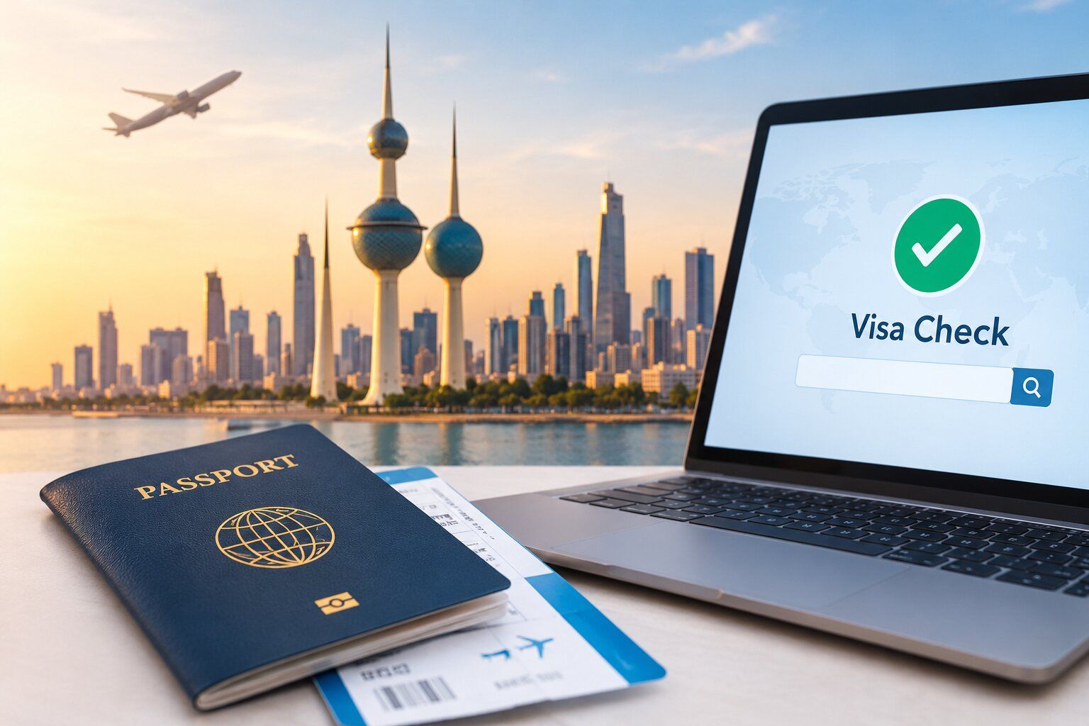 Kuwait work visa check online with passport, laptop, and Kuwait Towers skyline.