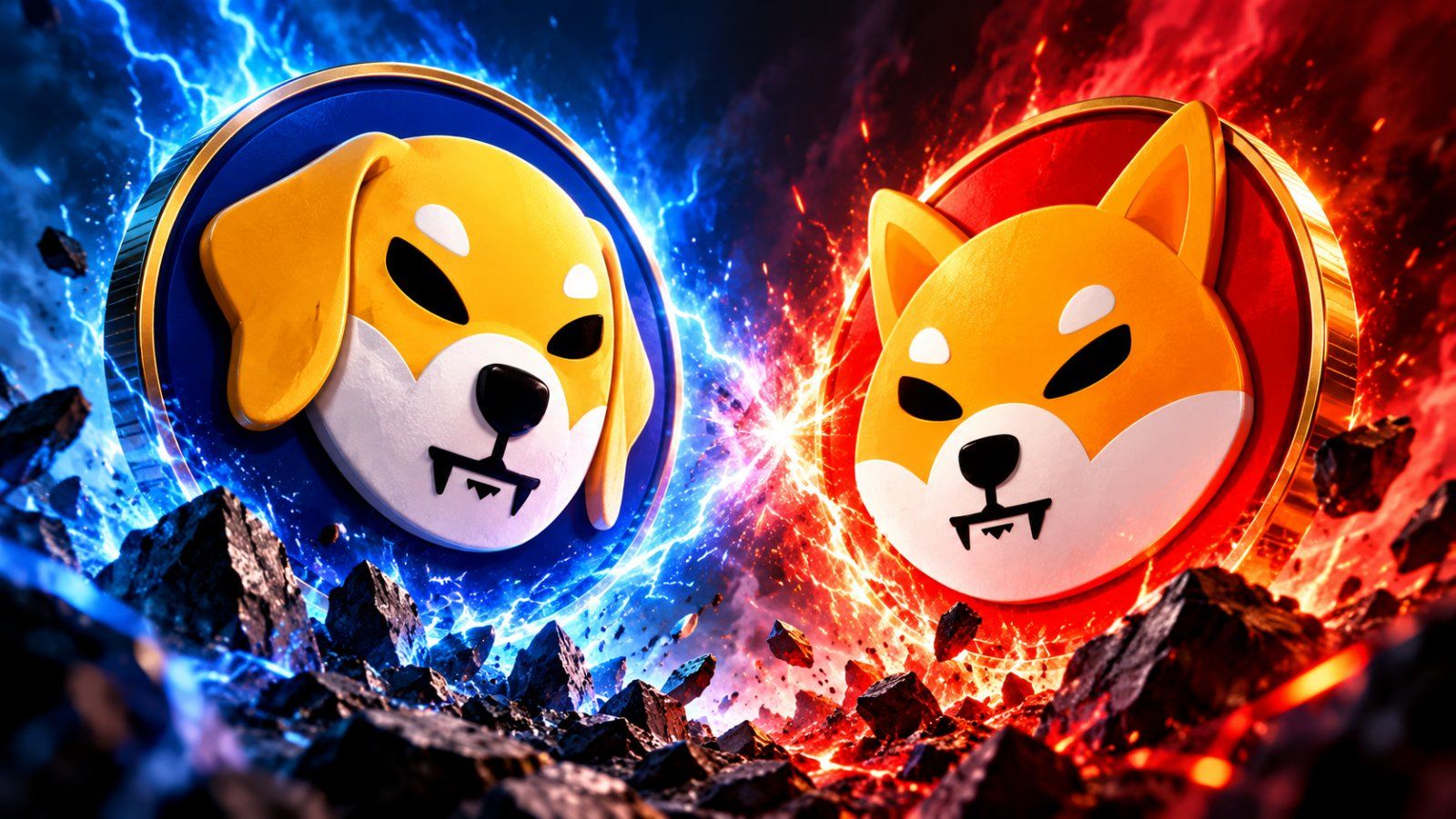 Labrador and Shiba Inu cryptocurrency mascots facing each other in a dramatic blue-and-red cinematic showdown, symbolizing the competition between $LAB and SHIB.