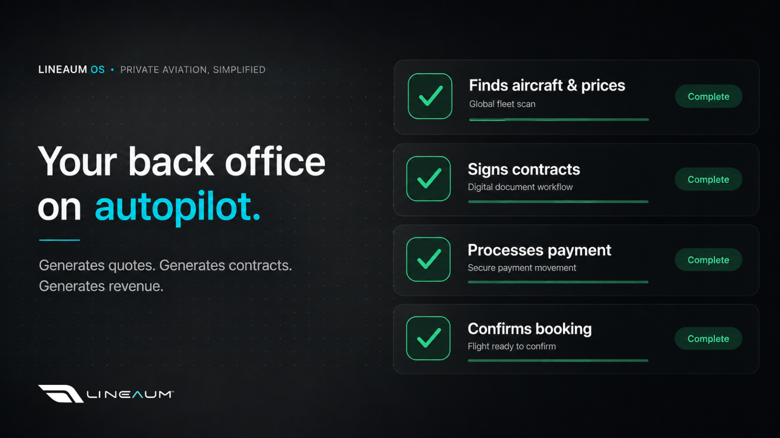 Lineaum BrokerOS AI back-office automation for private jet brokers, including aircraft sourcing, contracts, payments and booking workflows