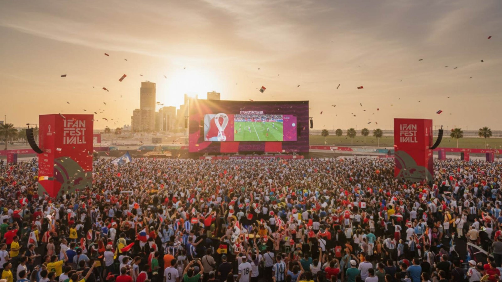 World Cup football fans filling a FIFA Fan Festival outdoor venue at sunset, watching a live match on giant screens
