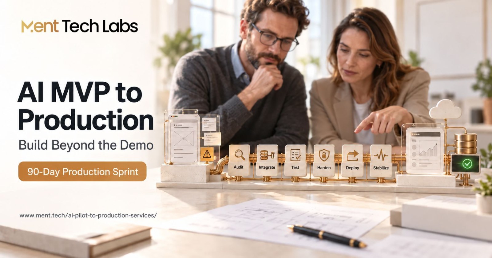 Ment Tech Labs AI MVP development visual showing a prototype moving through audit, integration, testing, hardening, deployment and stabilization.