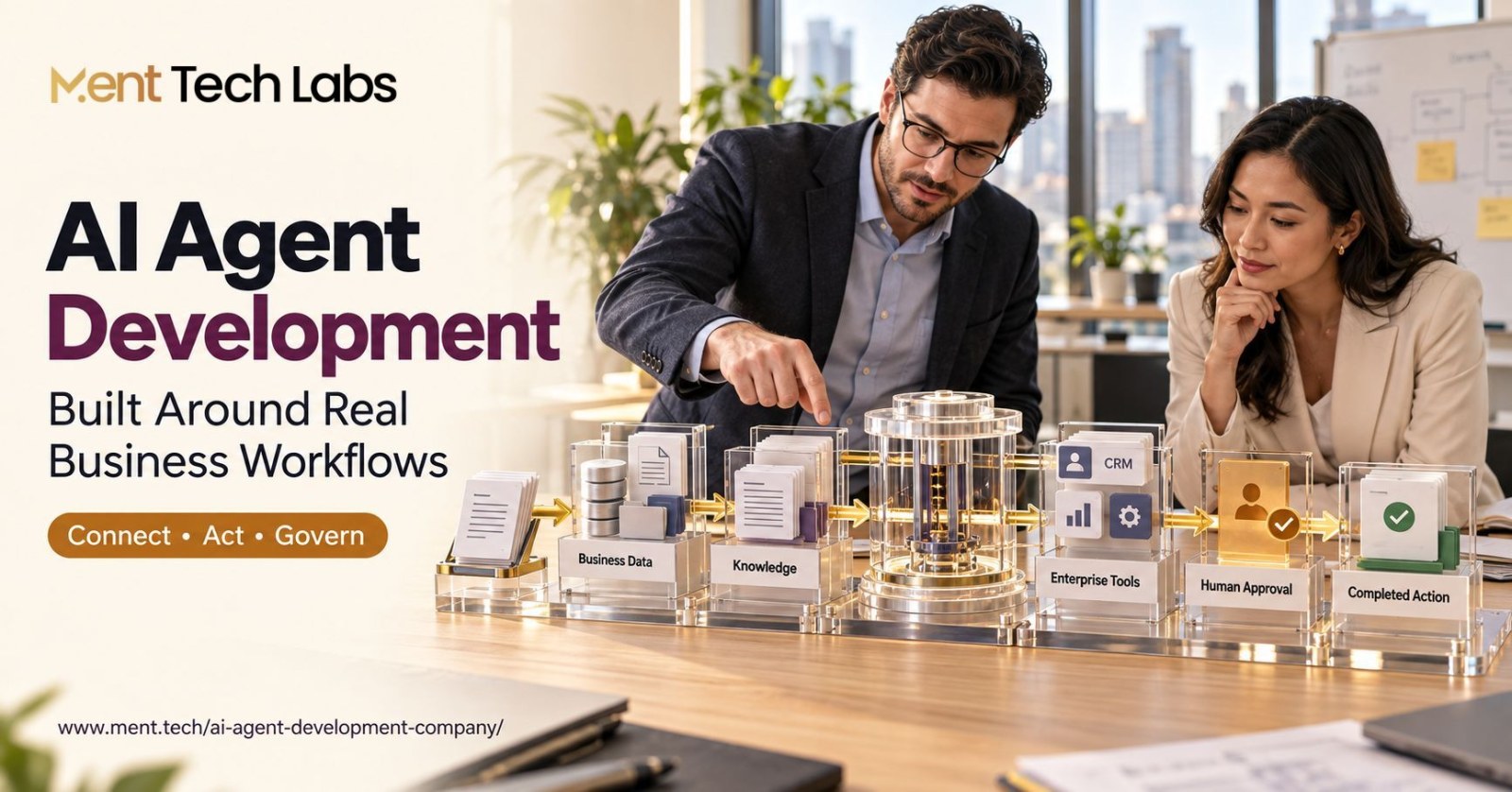 Enterprise AI agent development workflow connecting business data, knowledge, software tools, human approval and completed actions.