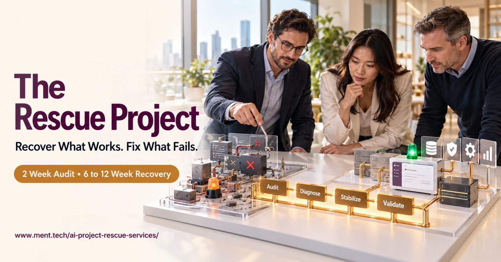 AI project rescue team reviewing a stalled product through audit, diagnosis, stabilization and production validation.