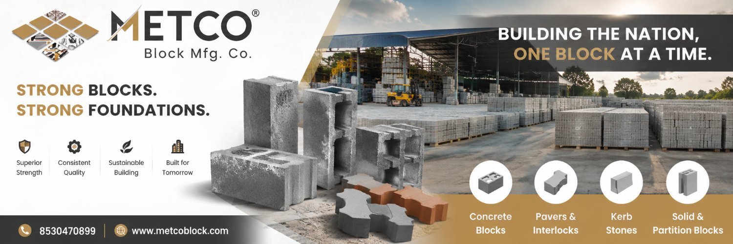 A professional promotional banner for "Metco Block Mfg. Co." featuring a high-angle photograph of an outdoor paver block installation with various colored and textured blocks, set against a background of blueprints and a blurred Navi Mumbai skyline. The b