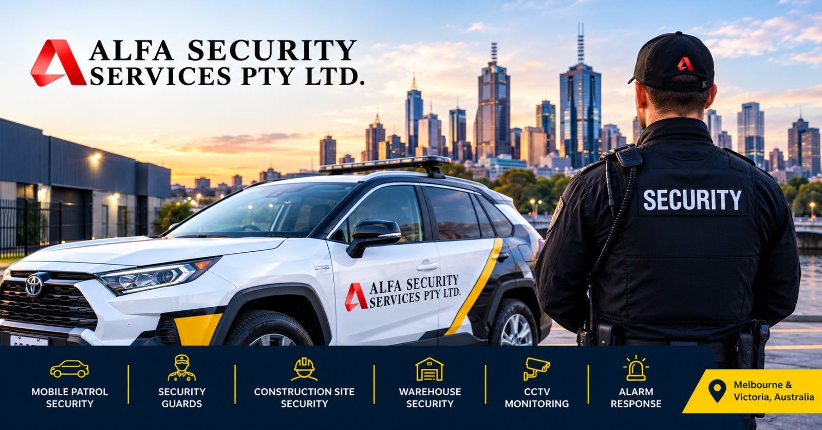 Alfa Security Services mobile patrol security vehicle and security guard in Melbourne, Victoria, Australia